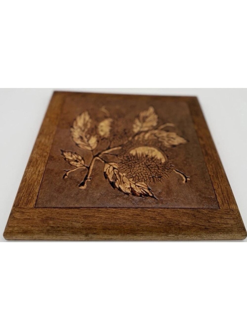 Vintage Wooden Italian Trivet With Chestnut Motif With Oak Frame